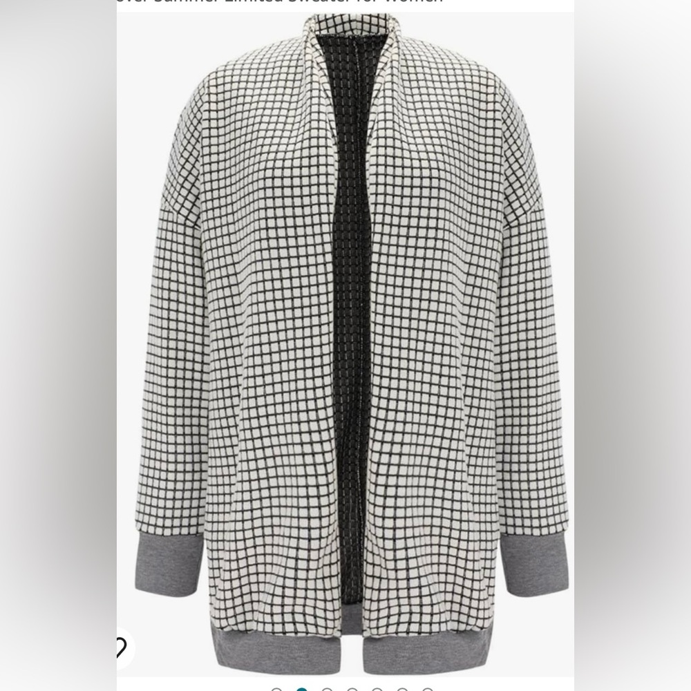 Black and white checkered long cardigan gray cuffs and bottom trim 
Size M